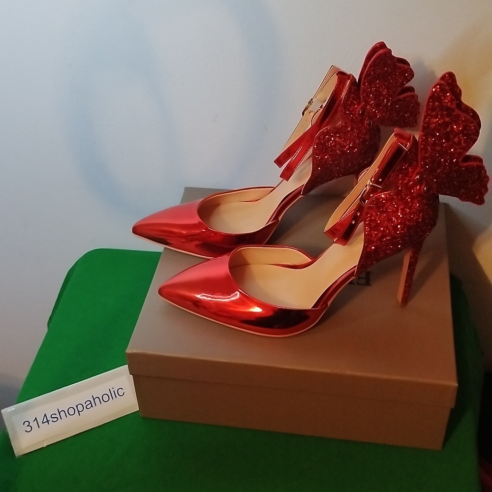 Red Glitter Stiletto Heels With Ankle Strap